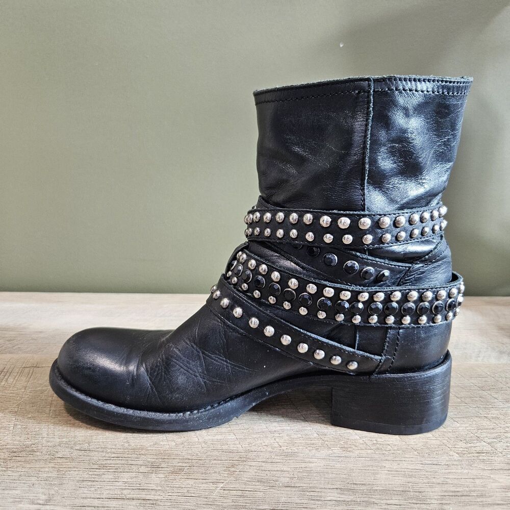 Women's Italian Leather Studded Moto Boots Black Buckle Ankle Booties Size 38 - Picture 7 of 12